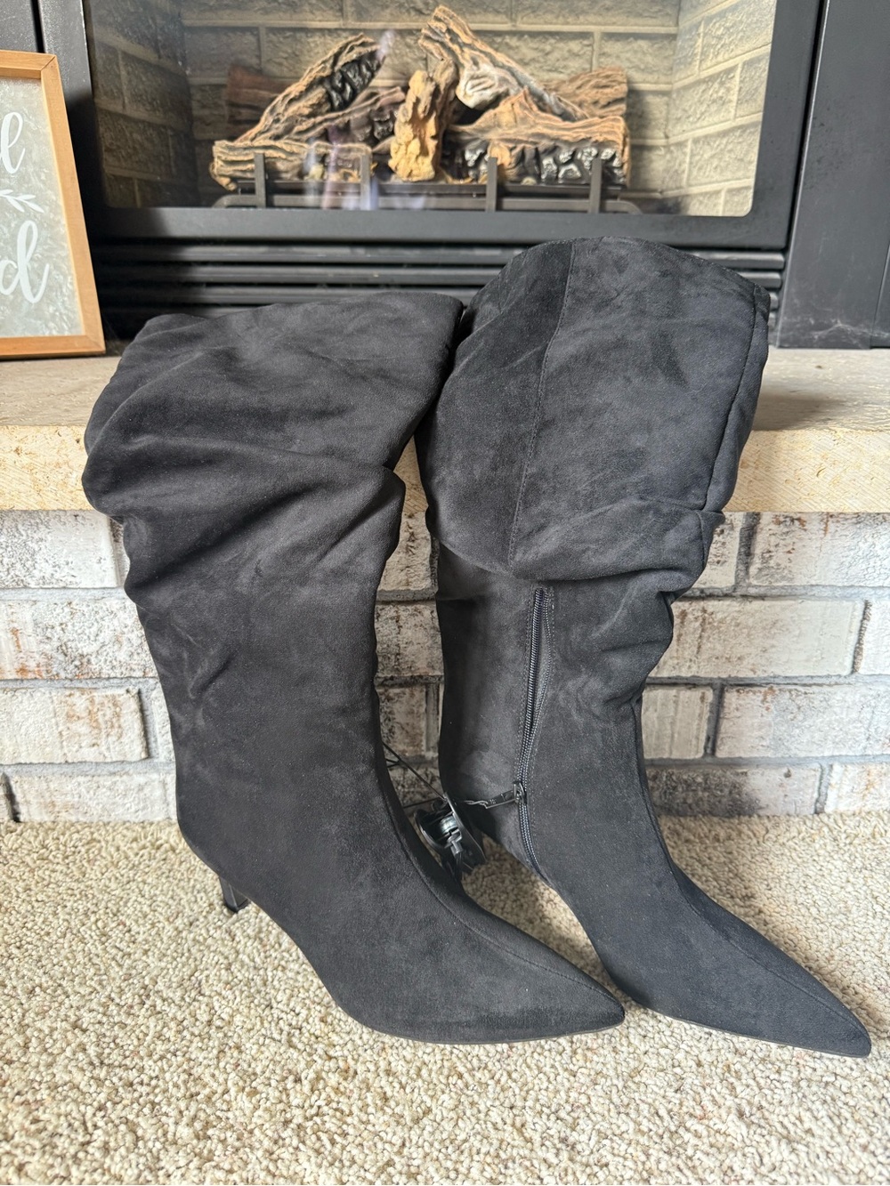 Black Faux Suede Pointed-Toe Slouch Mid-Calf to Knee Boots